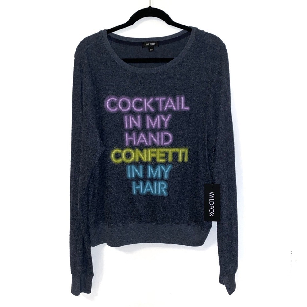 NEW Wildfox Navy Blue Cocktails & Confetti Pullover Soft Cozy Sweater Large